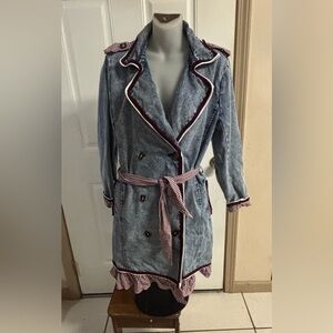 Med Stoosh Vintage Denim Trench Coat double-breasted Up Cycled Gingham trim coat